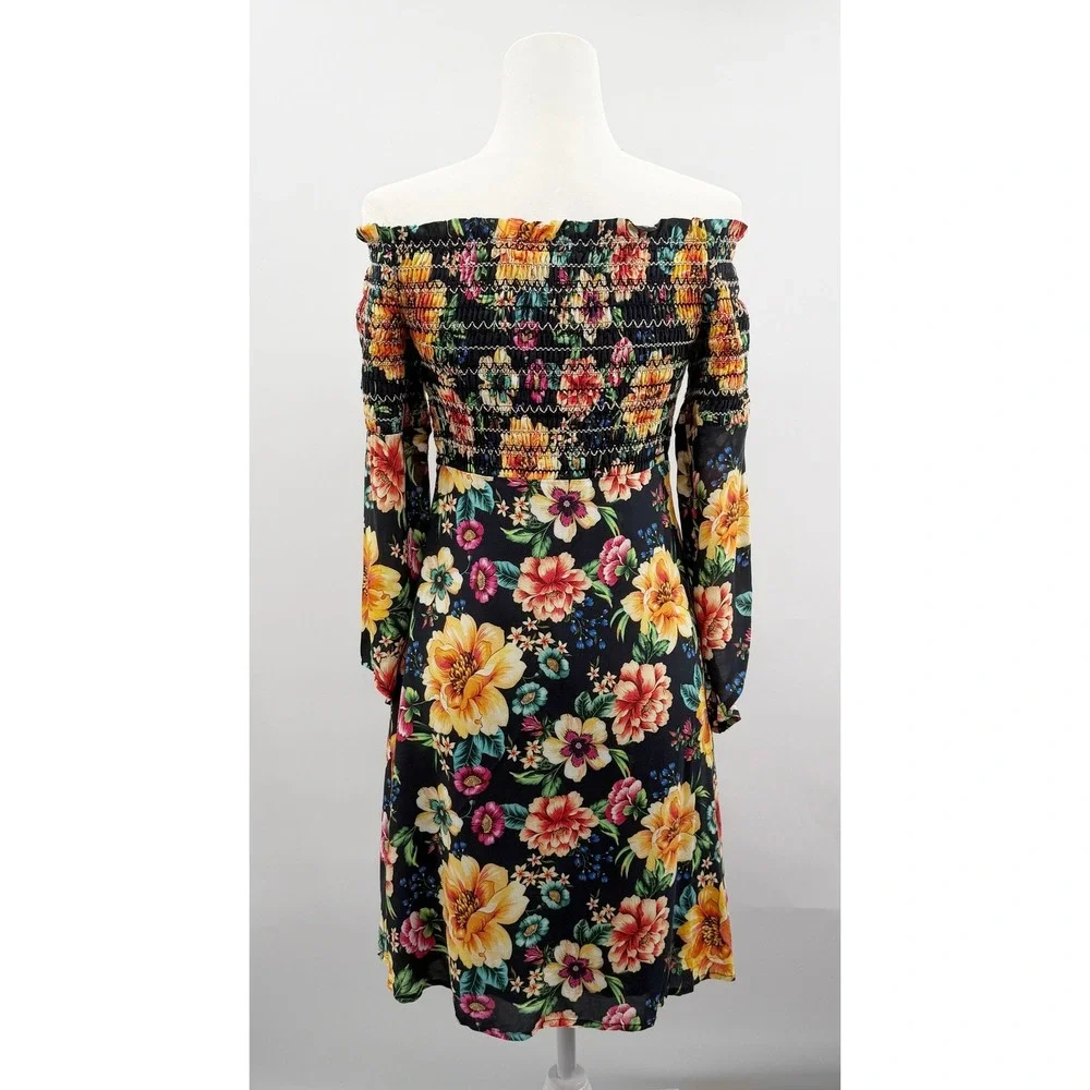 Farm Rio x Anthropologie Sasha Off-The-Shoulder Dress in‎ Black Floral Size XS - Picture 3 of 10